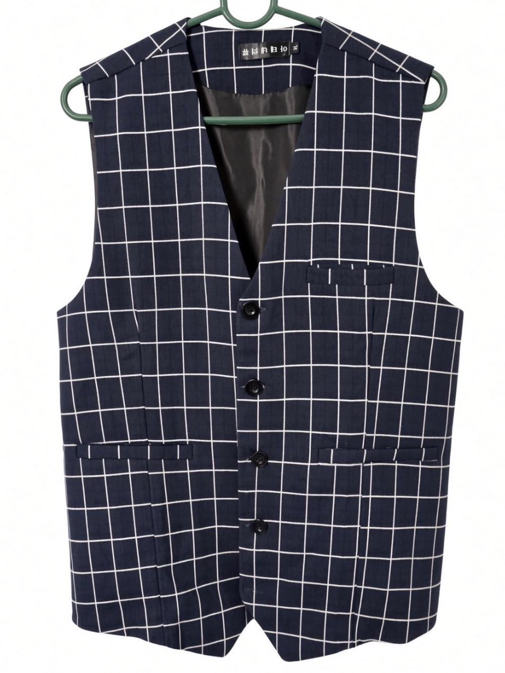 AOYOG Men’s XL Suit Vest Waistcoat: Blue/White Windowpane Plaid V-Neck Slim Fit